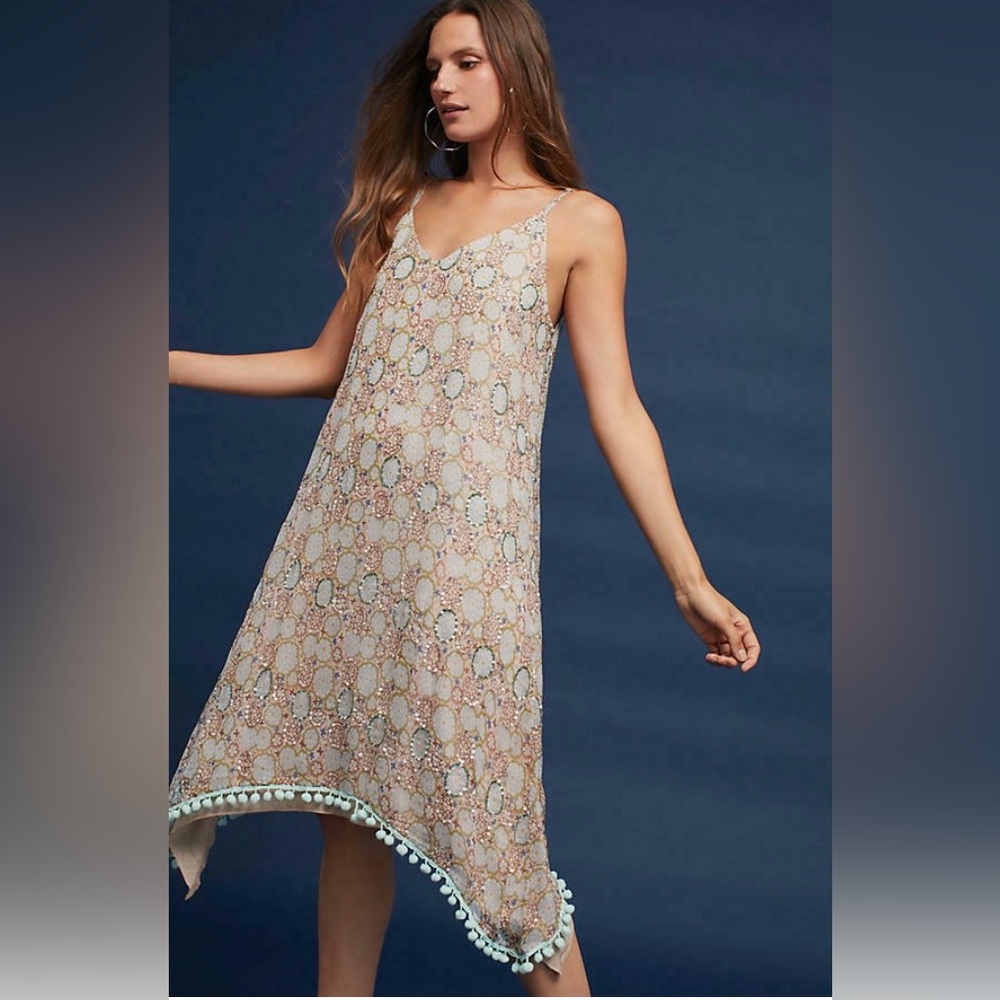 Anthropologie Raga Amalfi Sequin Pom Pom Slip Dress